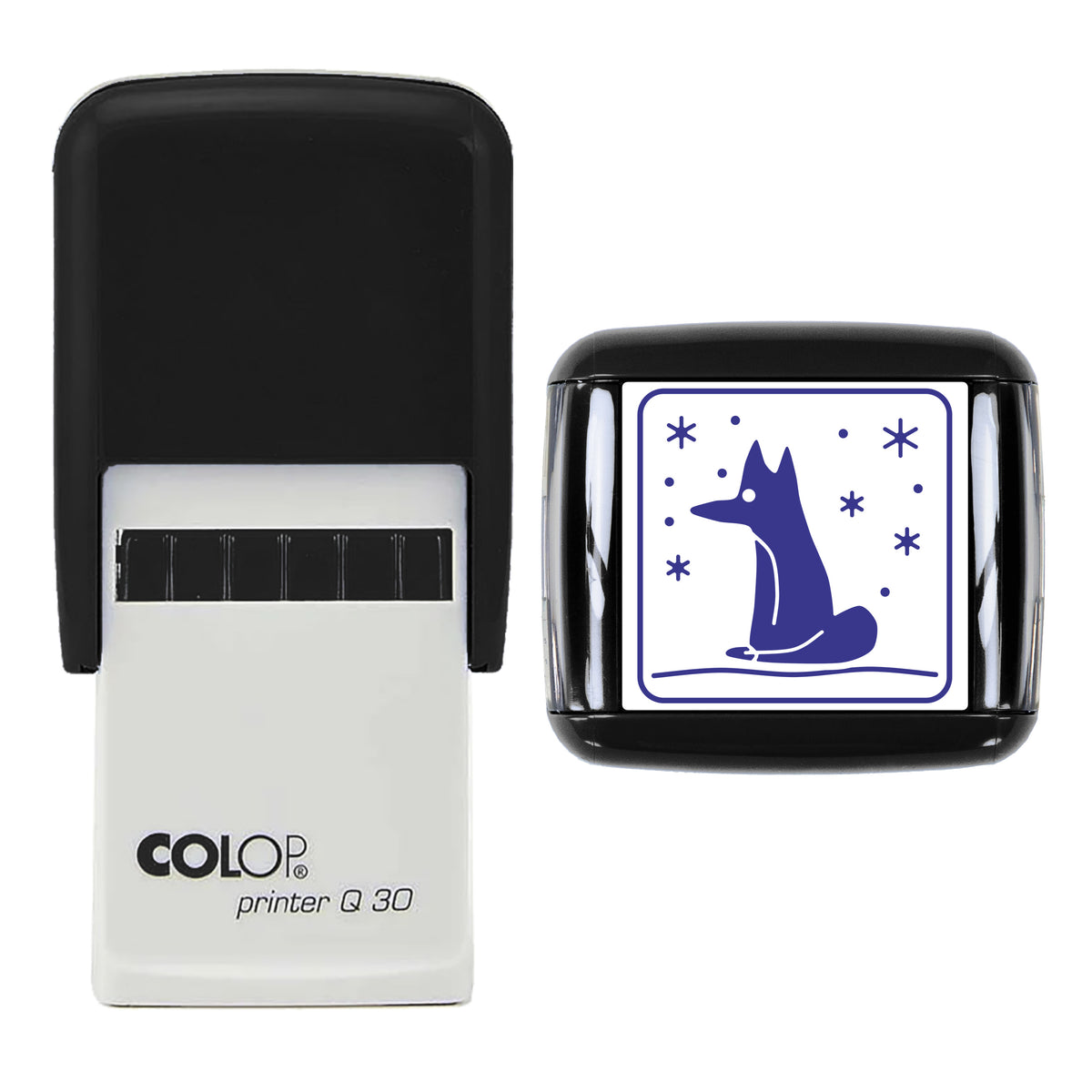 Winter Fox in Snow Christmas Stamp, COLOP Q30, 30 x 30mm, violet ink