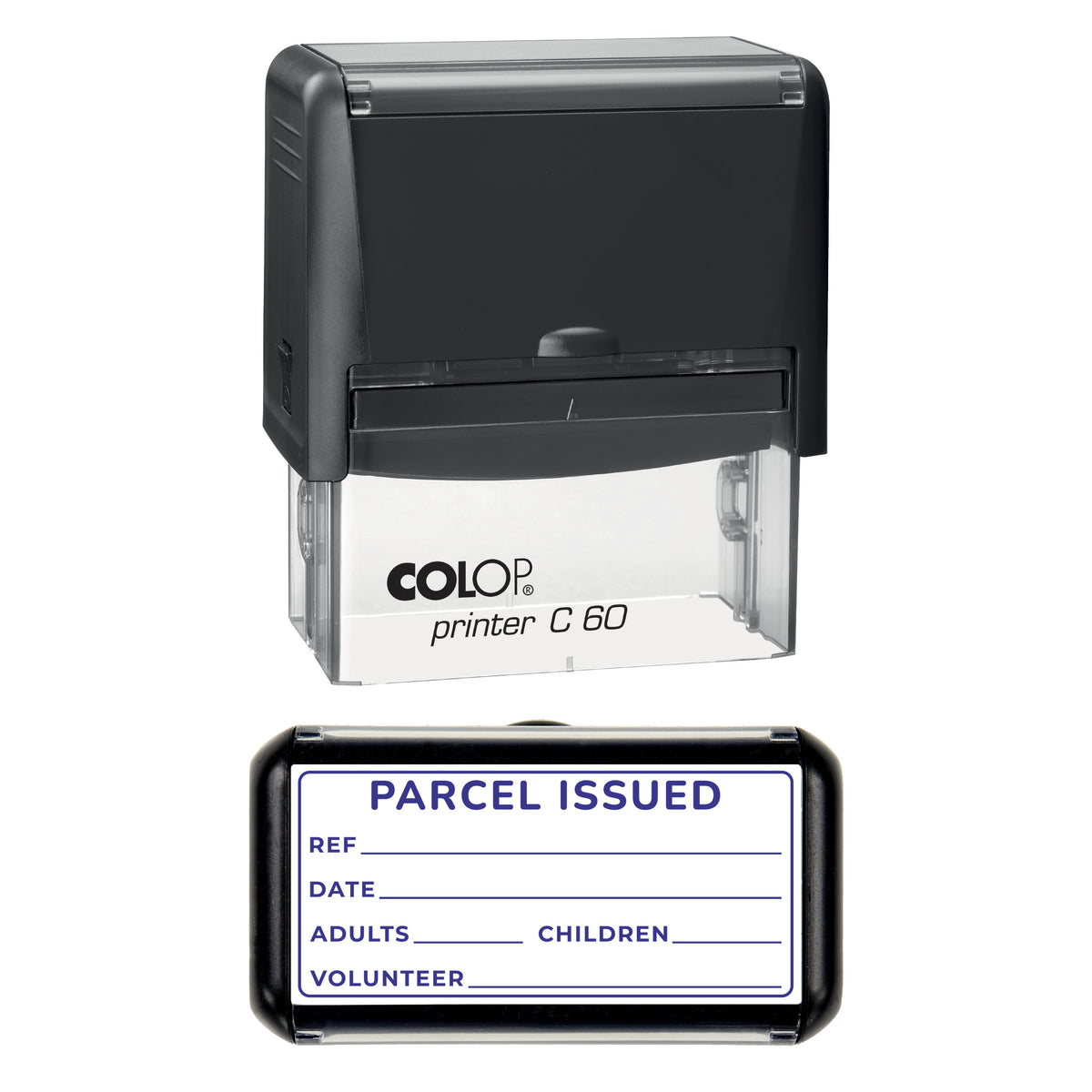 Parcel Issued Stamp, COLOP C60, 77 x 36mm, violet ink