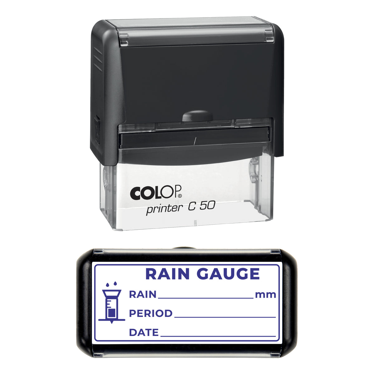 Rain Gauge Reading Log Stamp, COLOP C50, 70 x 30mm, violet ink