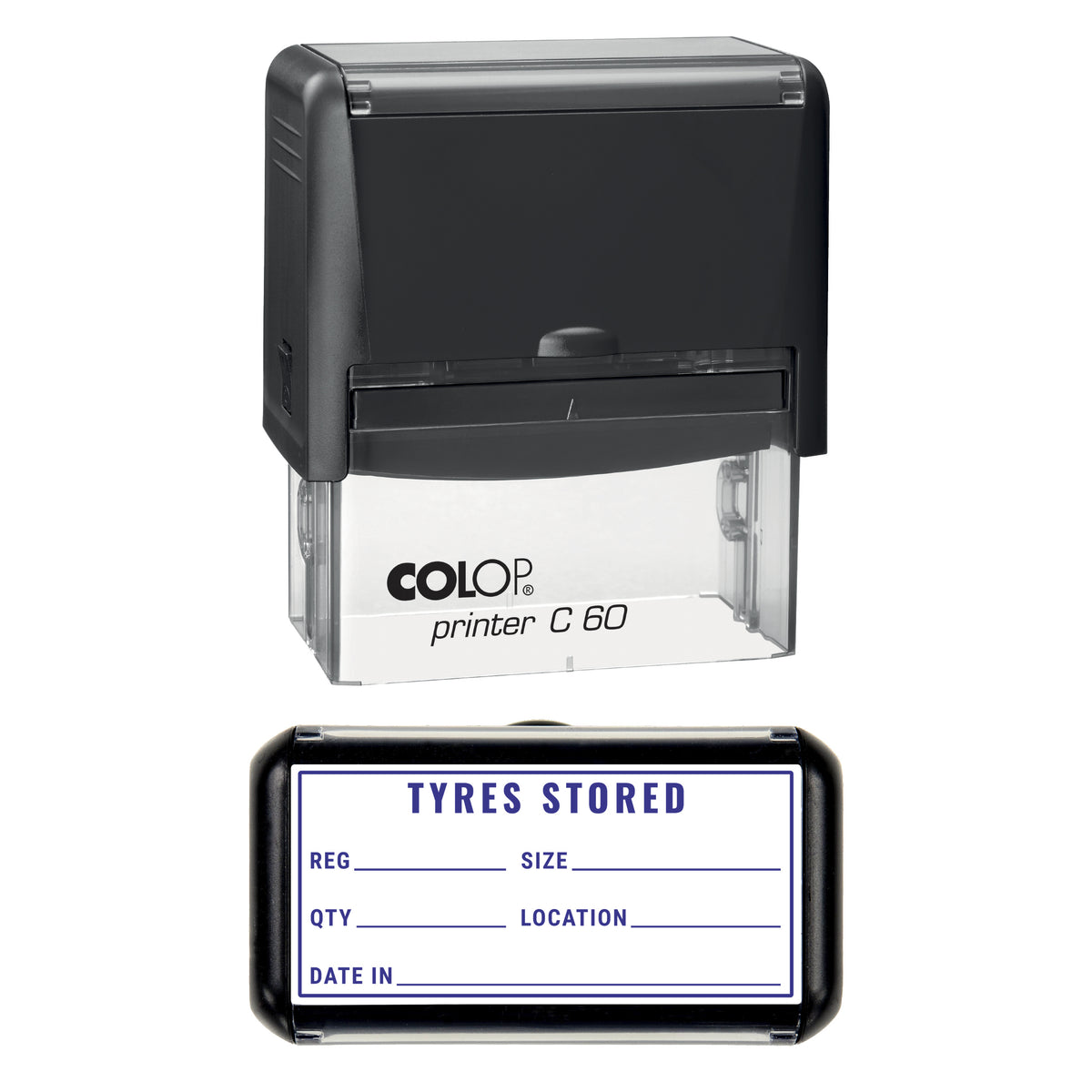 Tyres Stored Stamp, COLOP C60, 77 x 36mm, violet ink