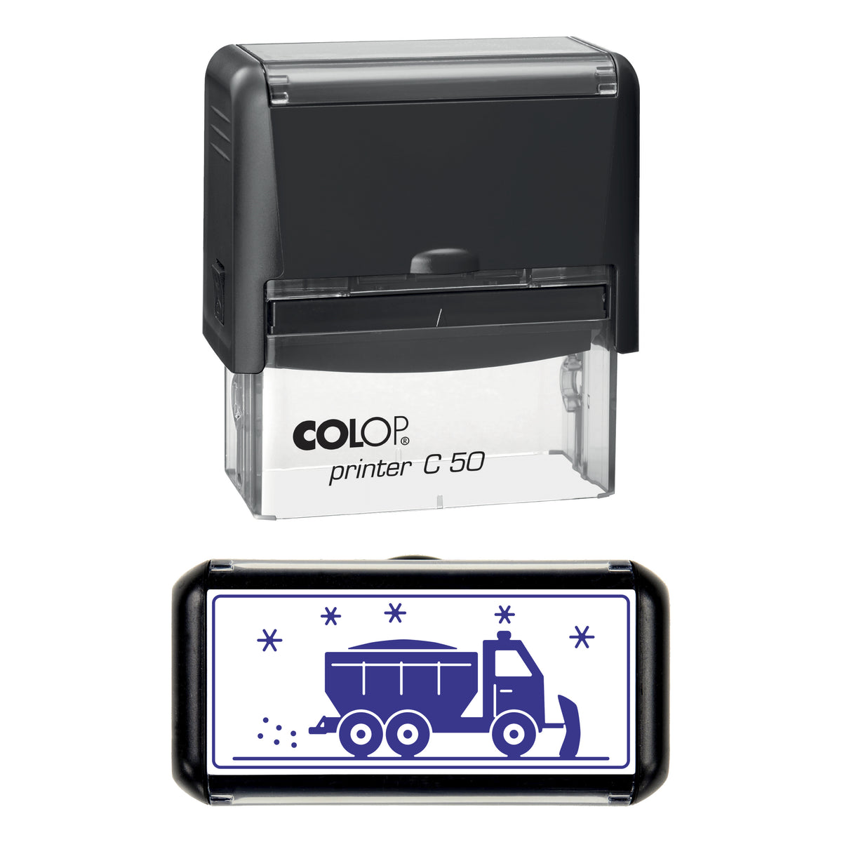 Gritter Lorry Christmas Stamp, COLOP C50, 70 x 30mm, violet ink