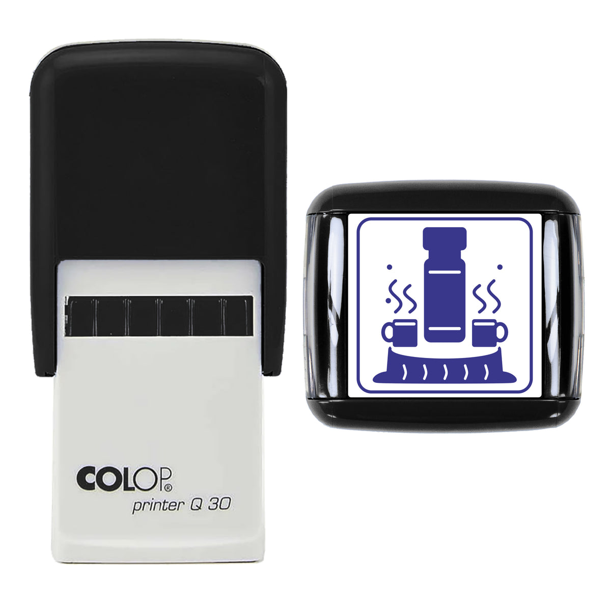 Flask and Two Mugs Christmas Stamp, COLOP Q30, 30 x 30mm, violet ink