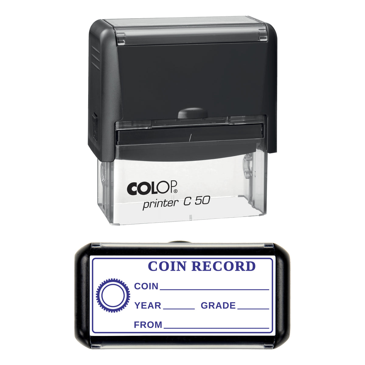Coin Collection Record Stamp, COLOP C50, 70 x 30mm, violet ink