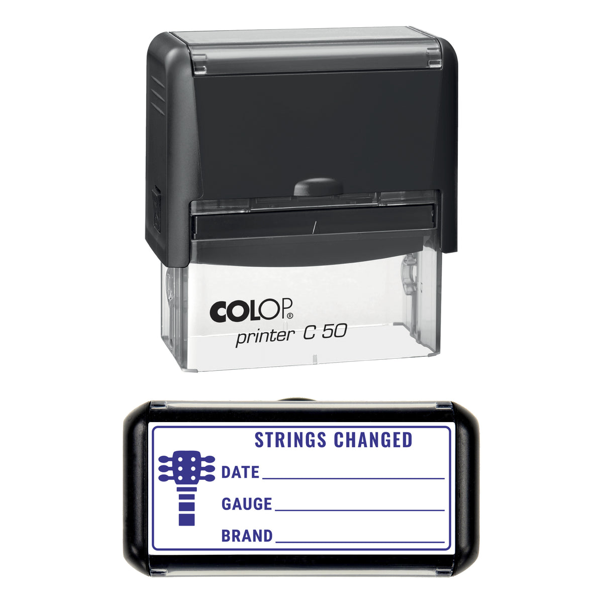 Guitar Strings Changed Record Stamp, COLOP C50, 70 x 30mm, violet ink