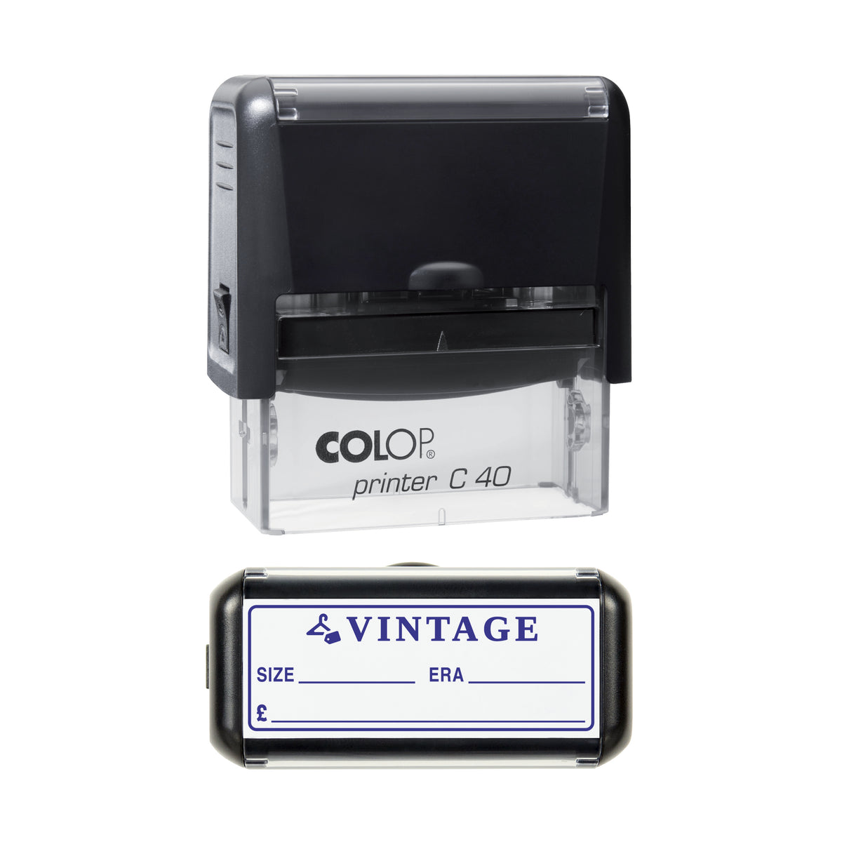 Vintage Clothing Tag Stamp, COLOP C40, 58 x 22mm, violet ink