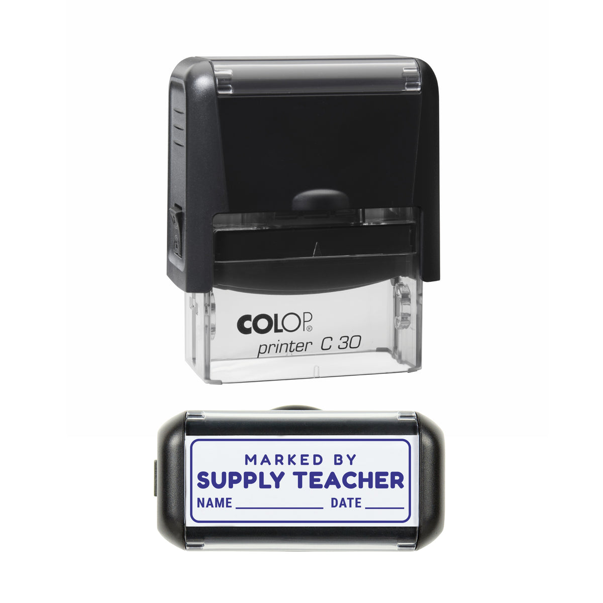 Marked by Supply Teacher Stamp, COLOP C30, 45 x 18mm, violet ink