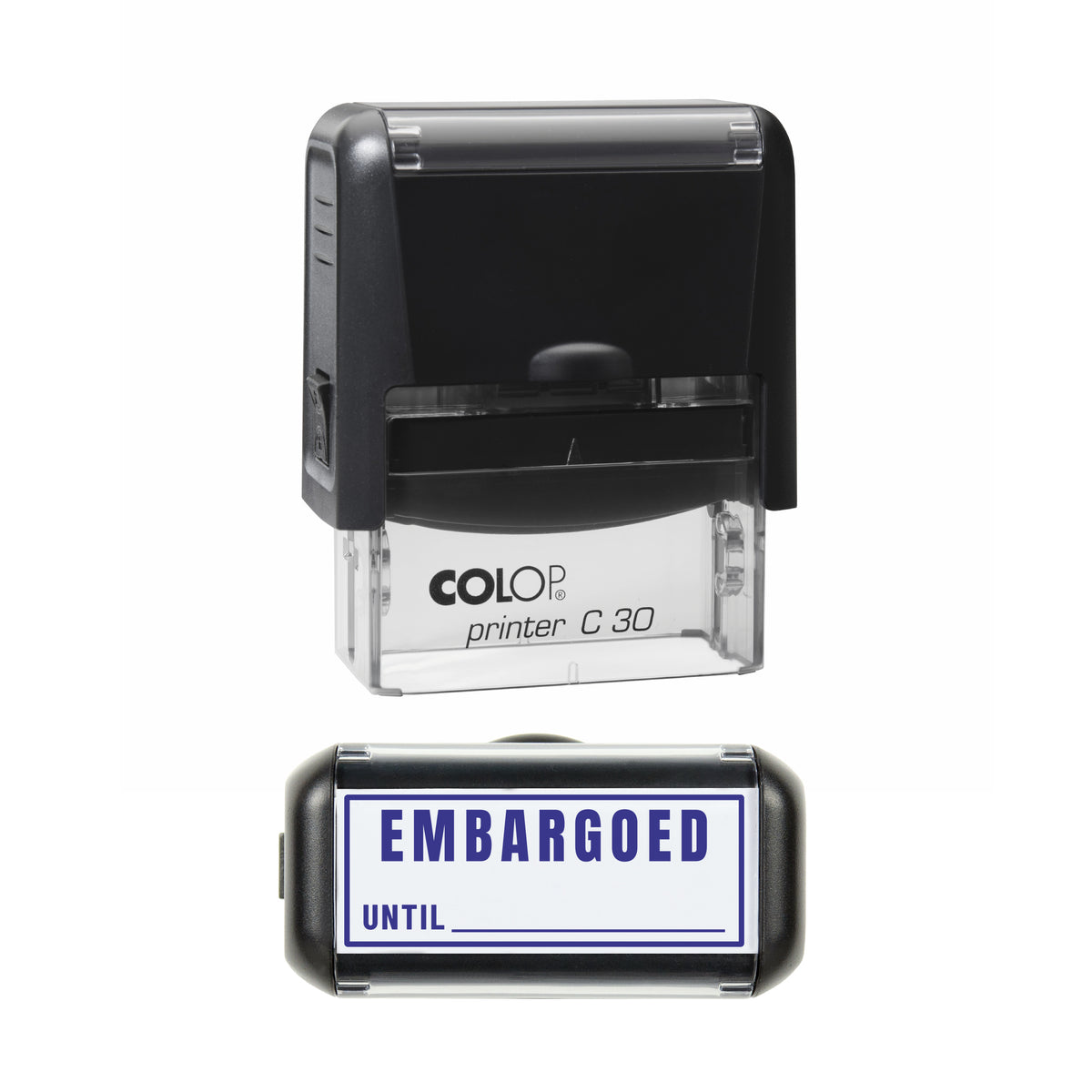 Embargoed Until Stamp, COLOP C30, 45 x 18mm, violet ink