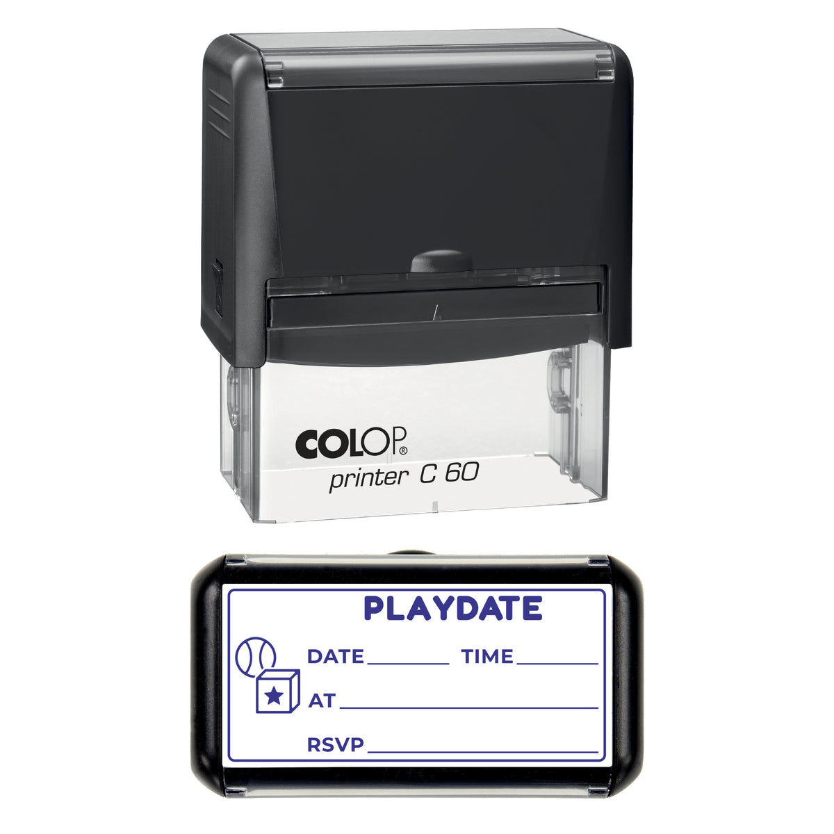 Playdate Invitation Stamp, COLOP C60, 77 x 36mm, violet ink