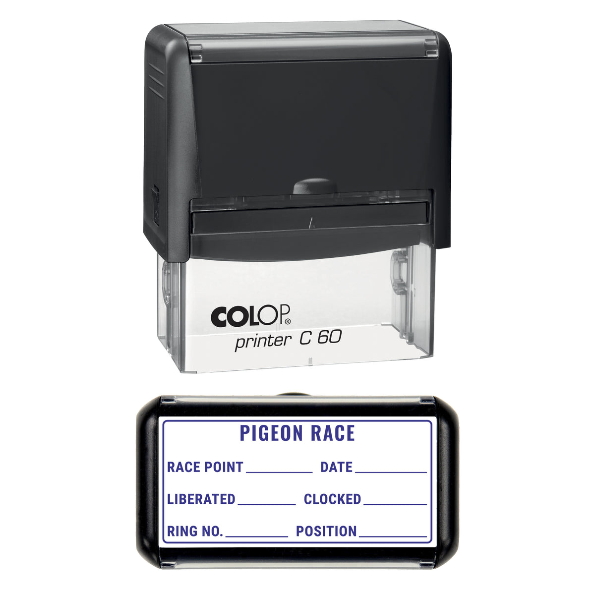 Pigeon Race Record Stamp, COLOP C60, 77 x 36mm, violet ink
