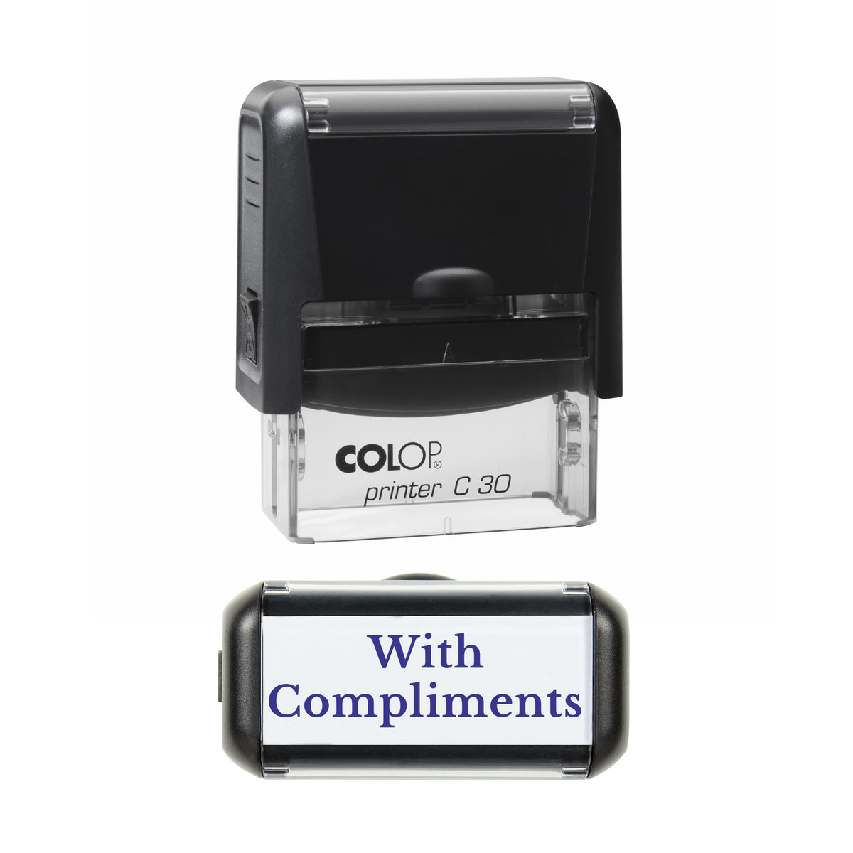 With Compliments Stamp, COLOP C30, 45 x 18mm, violet ink