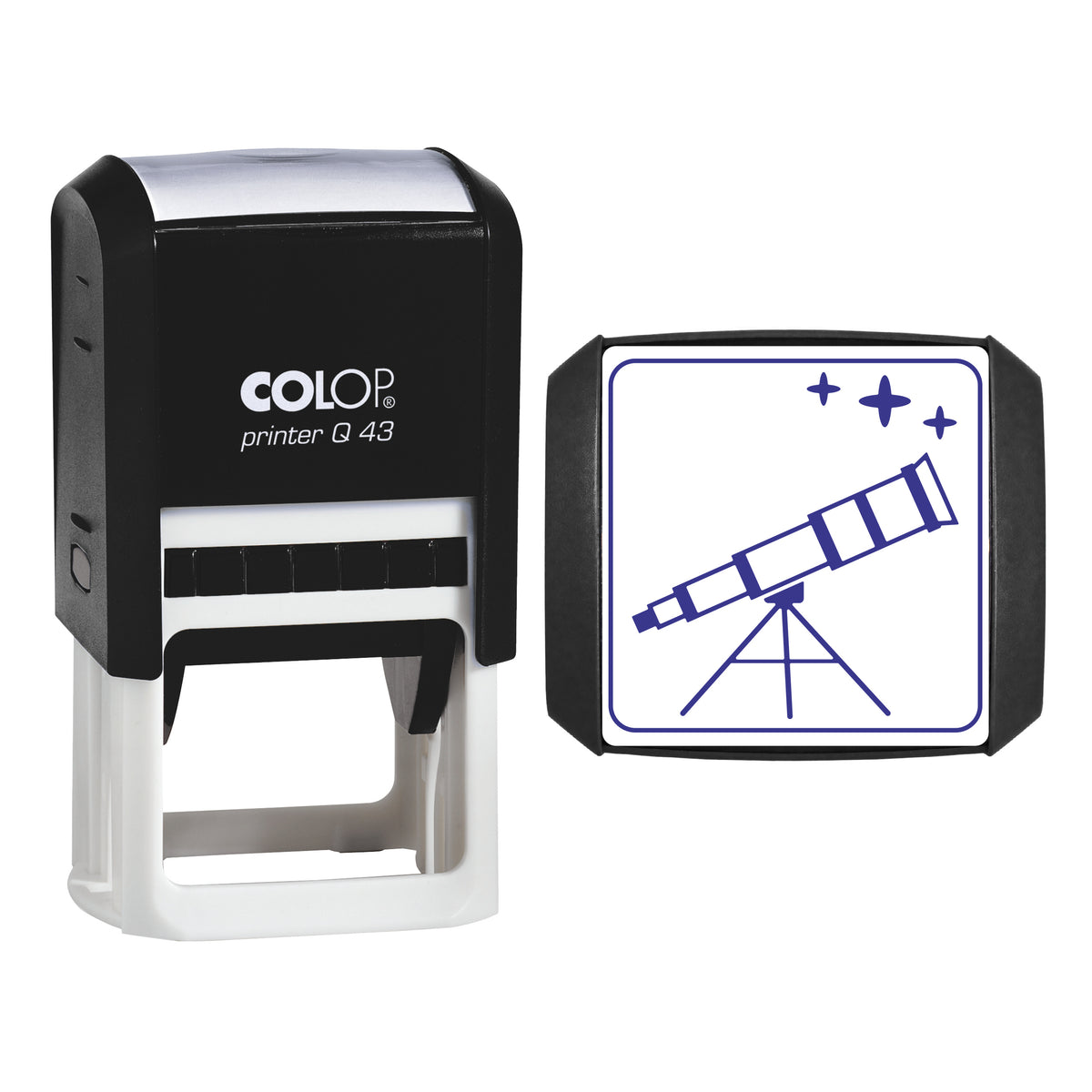 Brass Telescope Stamp, COLOP Q43, 43 x 43mm, violet ink