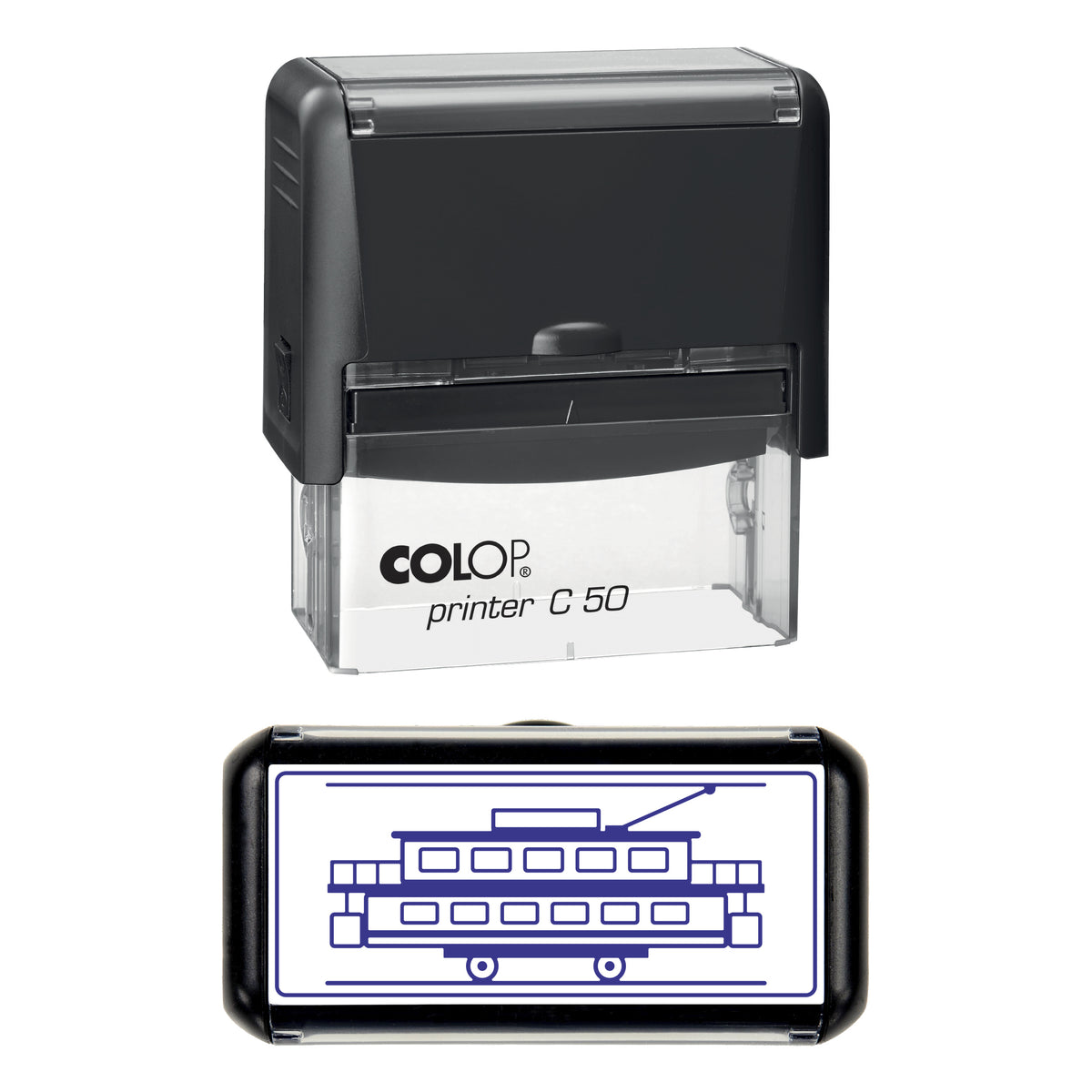 Vintage Double-Deck Tram Stamp, COLOP C50, 70 x 30mm, violet ink