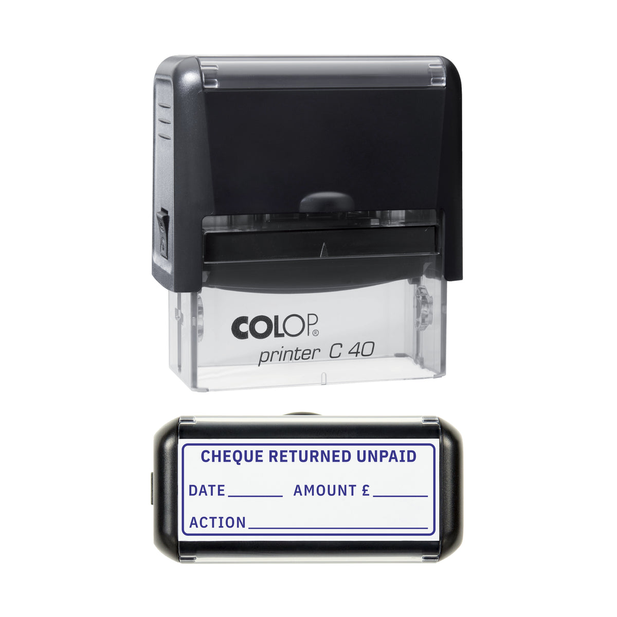 Cheque Returned Unpaid Stamp, COLOP C40, 58 x 22mm, violet ink