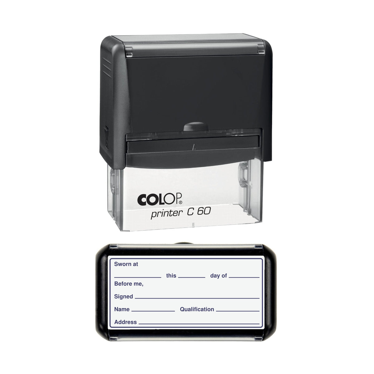Affidavit Jurat Sworn at Before Me stamp, 77 x 36mm COLOP C60 self-inking stamp, violet ink