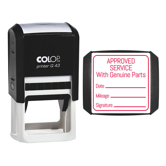 Stamp showing the Approved Service With Genuine Parts Outline design, 43 x 43mm COLOP Q43 self-inking stamp, red ink