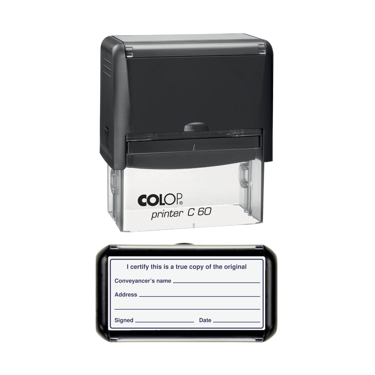 Conveyancer Certified True Copy of the Original with Name and Address stamp, 77 x 36mm COLOP C60 self-inking stamp, violet ink