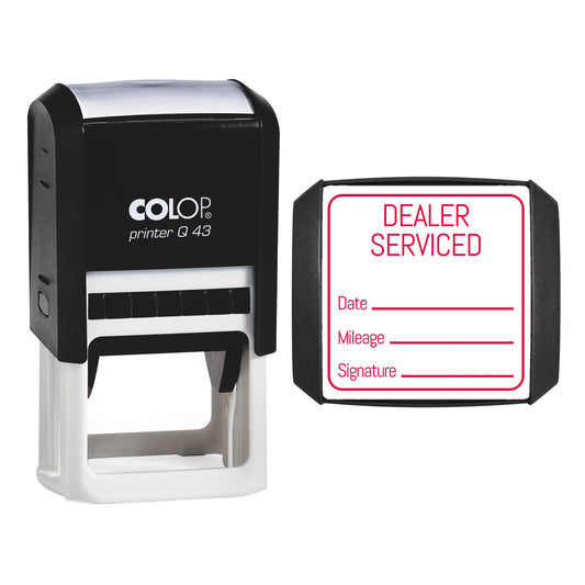 Stamp showing the Dealer Serviced Outline design, 43 x 43mm COLOP Q43 self-inking stamp, red ink