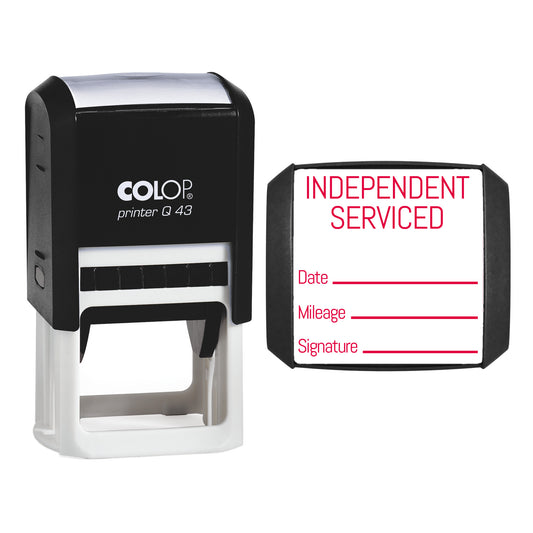 Stamp showing the Independent Serviced design, 43 x 43mm COLOP Q43 self-inking stamp, red ink