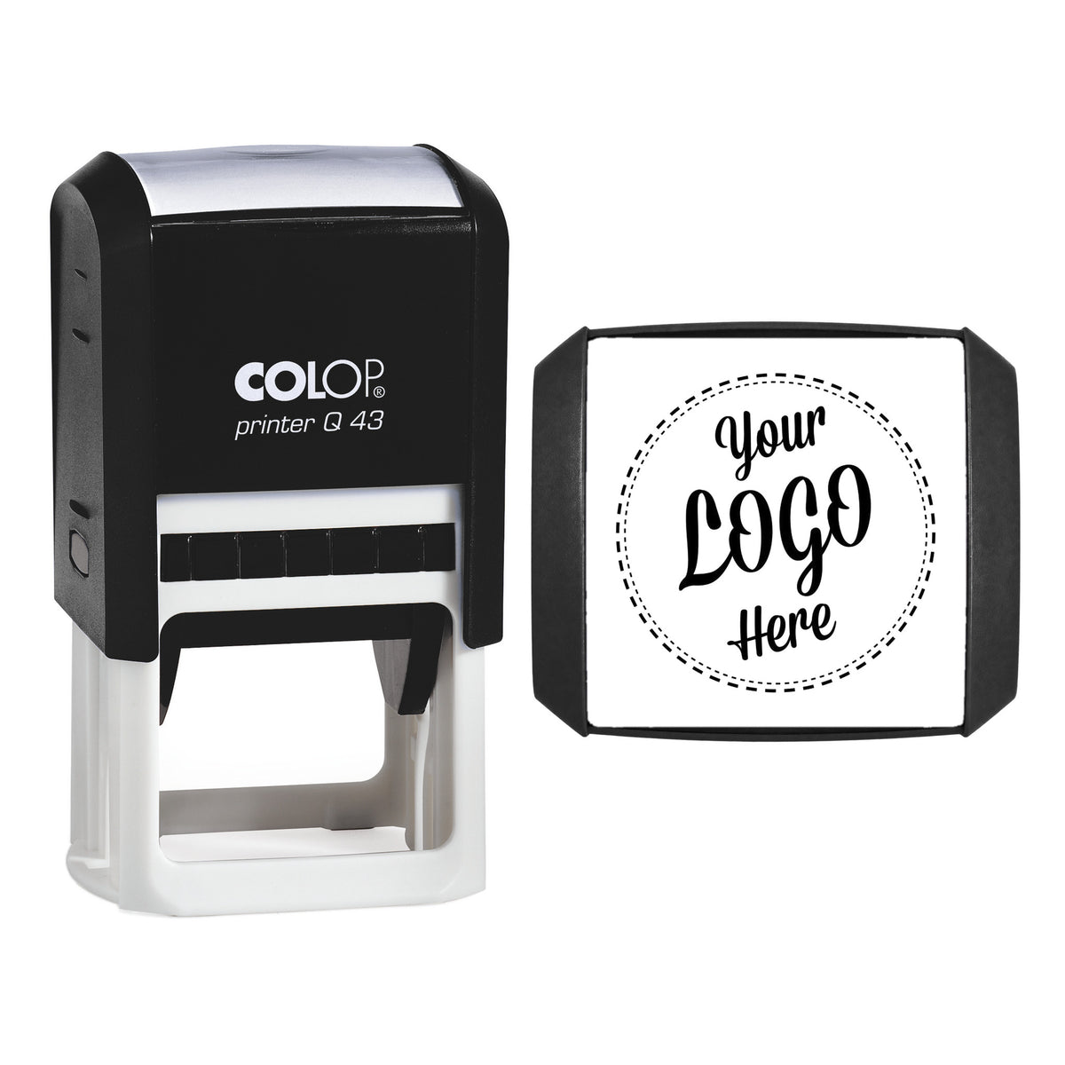 Stamp showing the Personalised Custom Logo design, 43 x 43mm COLOP Q43 self-inking stamp, black ink