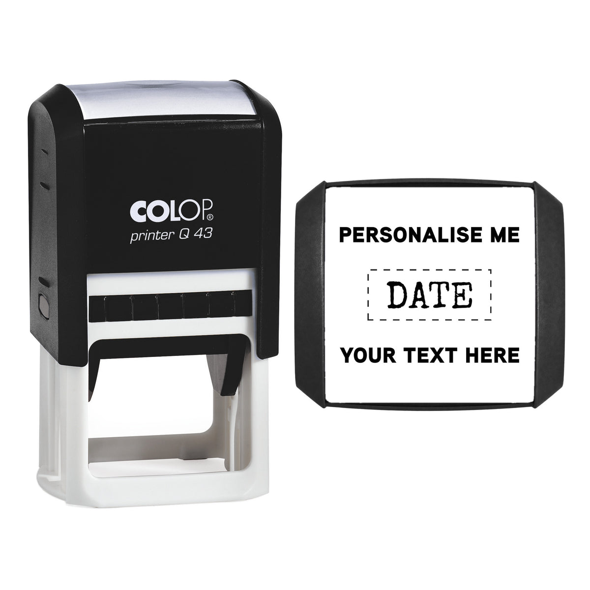 Stamp showing the Personalised Date Stamp with up to 6 Lines of Text design, 43 x 43mm COLOP Q43 self-inking stamp, black ink