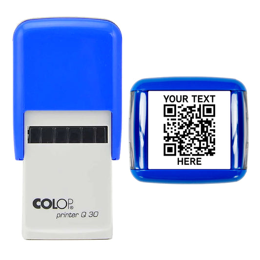 Personalised QR Code Stamp – Custom URL Stamp - Self Inking - 30mm - QR Code + Two Lines of Text