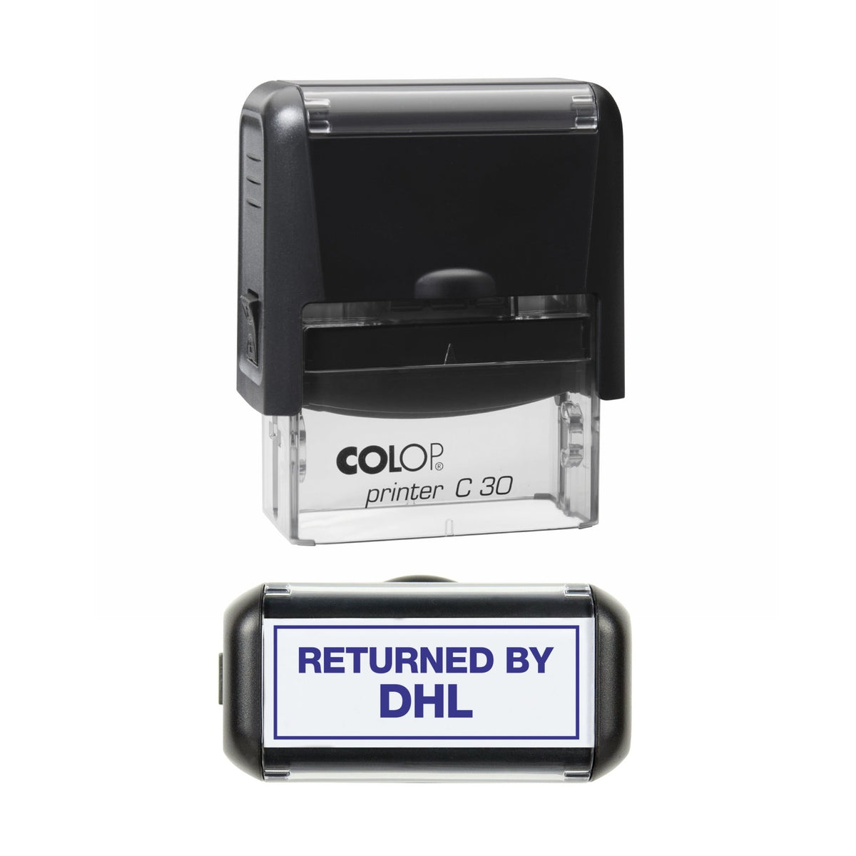 Stamp showing the Returned by DHL design, 45 x 18mm COLOP C30 self-inking stamp, violet ink