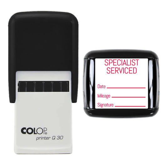 Stamp showing the Specialist Serviced design, 30 x 30mm COLOP Q30 self-inking stamp, red ink