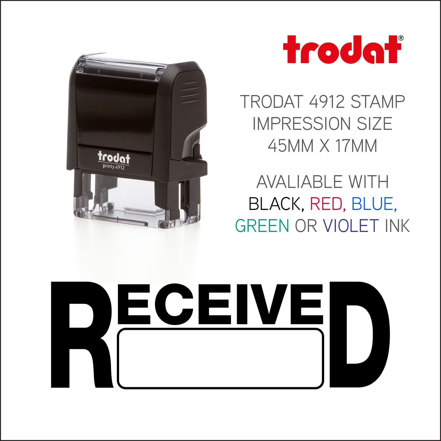 Received By Date - Rubber Stamp - Trodat 4912 - 45mm x 18mm Impression