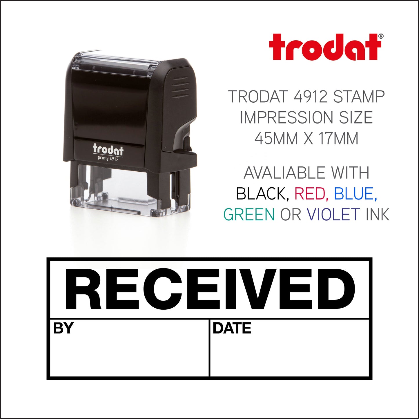 Received By Date - Rubber Stamp - Trodat 4912 - 45mm x 18mm Impression