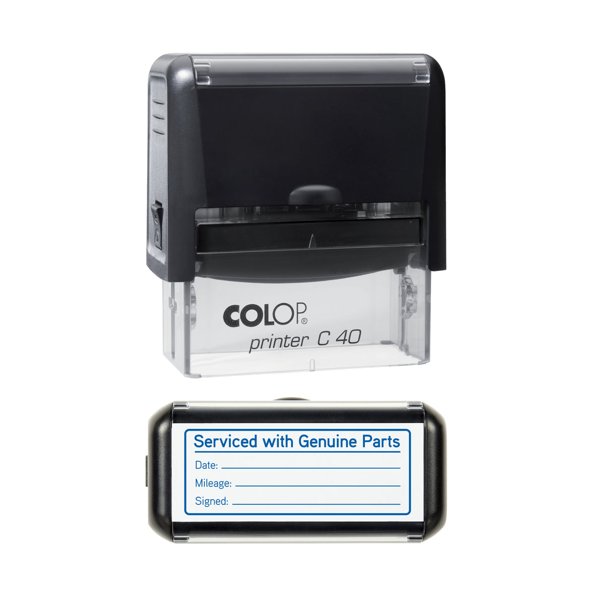 Serviced With Genuine Parts - Self Inking Rubber Stamp - COLOP C40 - 58 × 22 mm Impression — blue ink