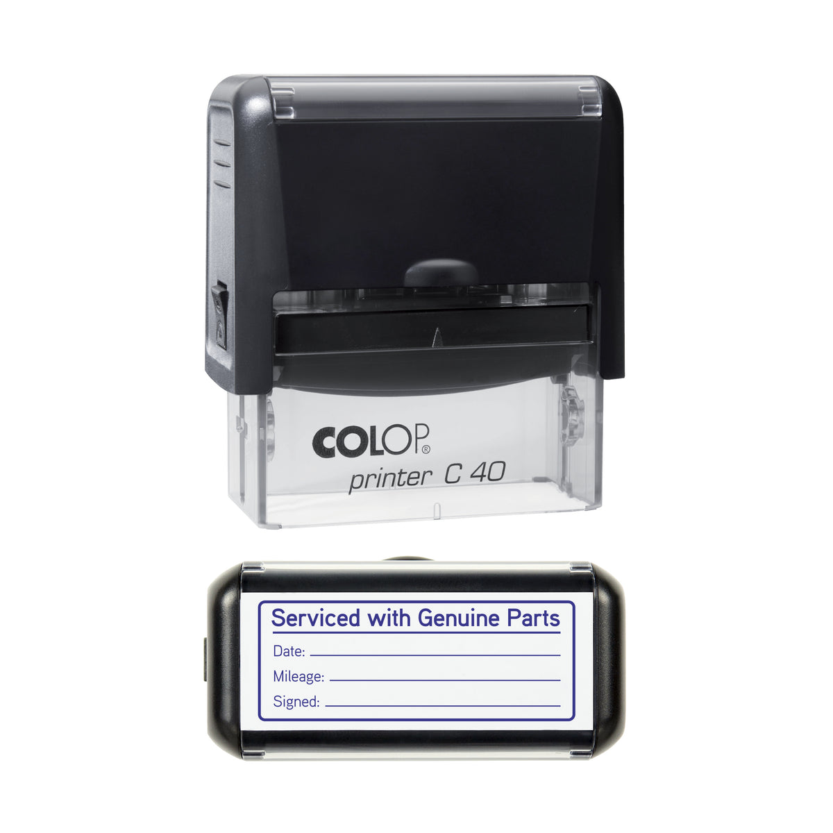 Serviced With Genuine Parts - Self Inking Rubber Stamp - COLOP C40 - 58 × 22 mm Impression — violet ink