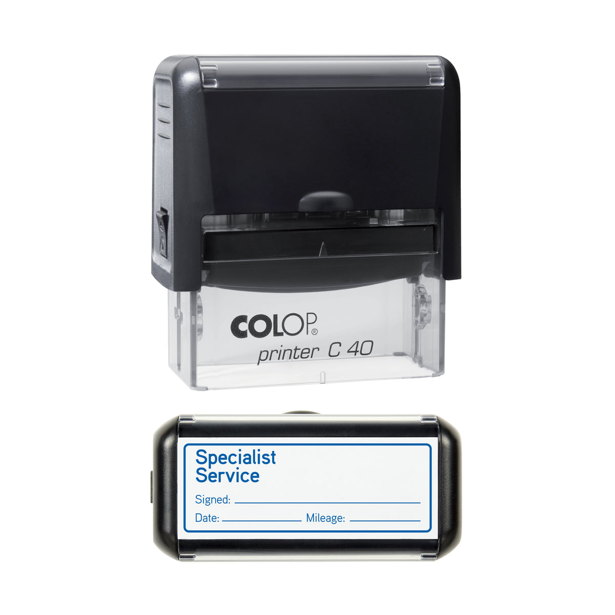 Specialist Service - Self Inking Rubber Stamp - COLOP C40 - 58 × 22 mm Impression — blue ink