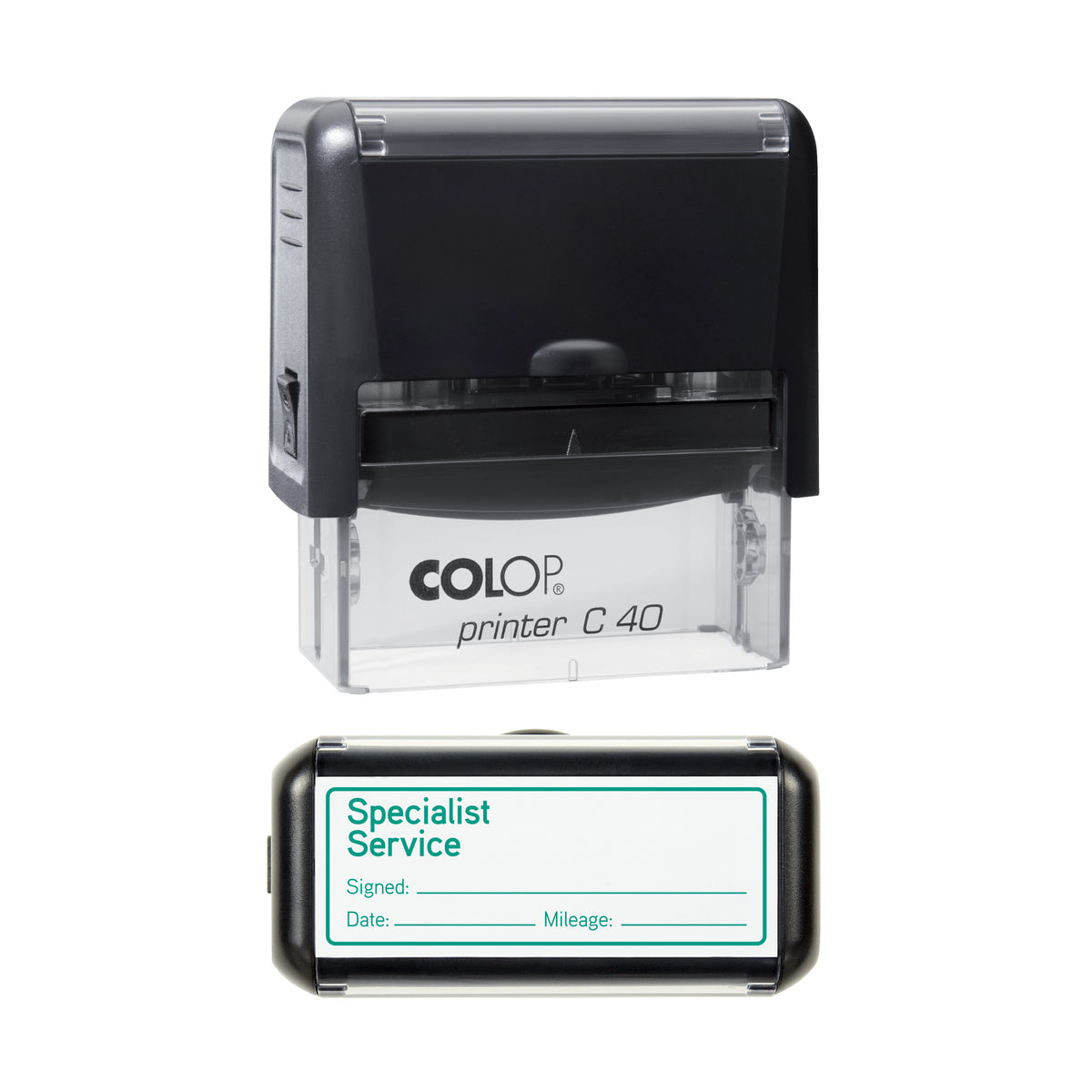 Specialist Service - Self Inking Rubber Stamp - COLOP C40 - 58 × 22 mm Impression — green ink