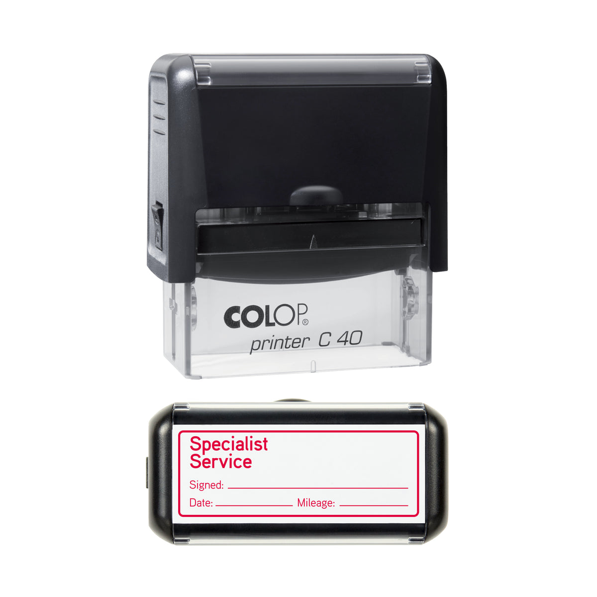 Specialist Service - Self Inking Rubber Stamp - COLOP C40 - 58 × 22 mm Impression — red ink