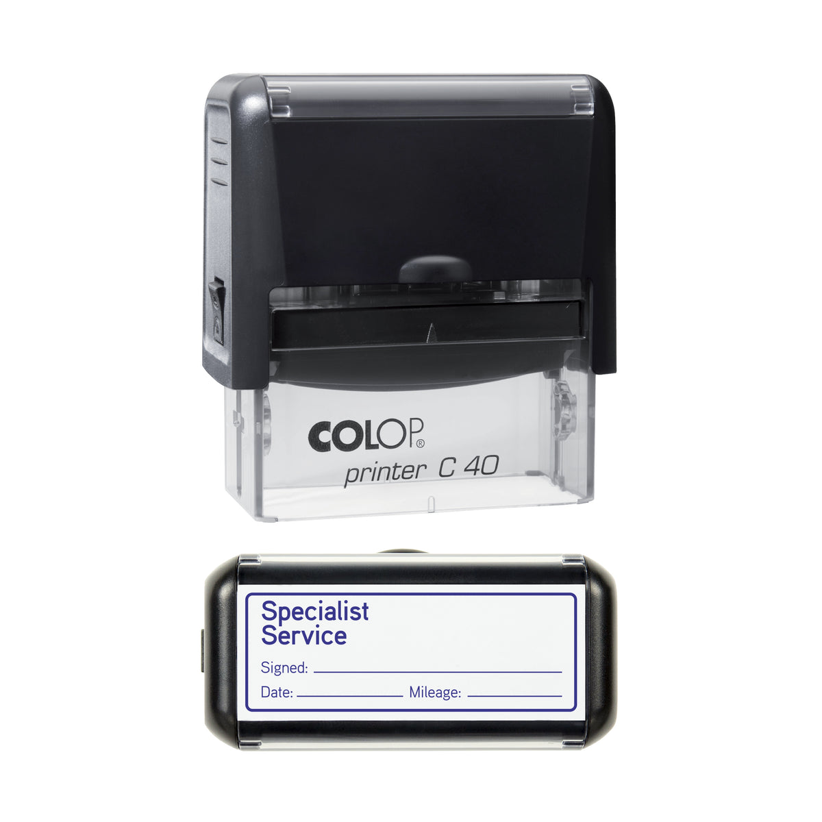Specialist Service - Self Inking Rubber Stamp - COLOP C40 - 58 × 22 mm Impression — violet ink