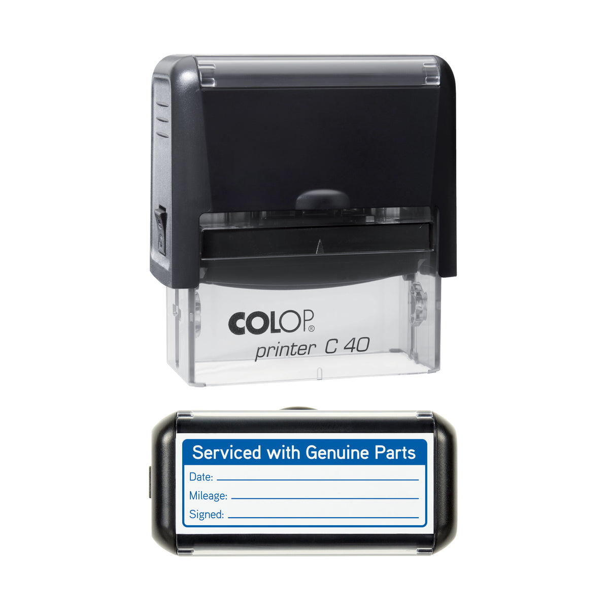 Serviced With Genuine Parts - Self Inking Rubber Stamp - COLOP C40 - 58 × 22 mm Impression — blue ink