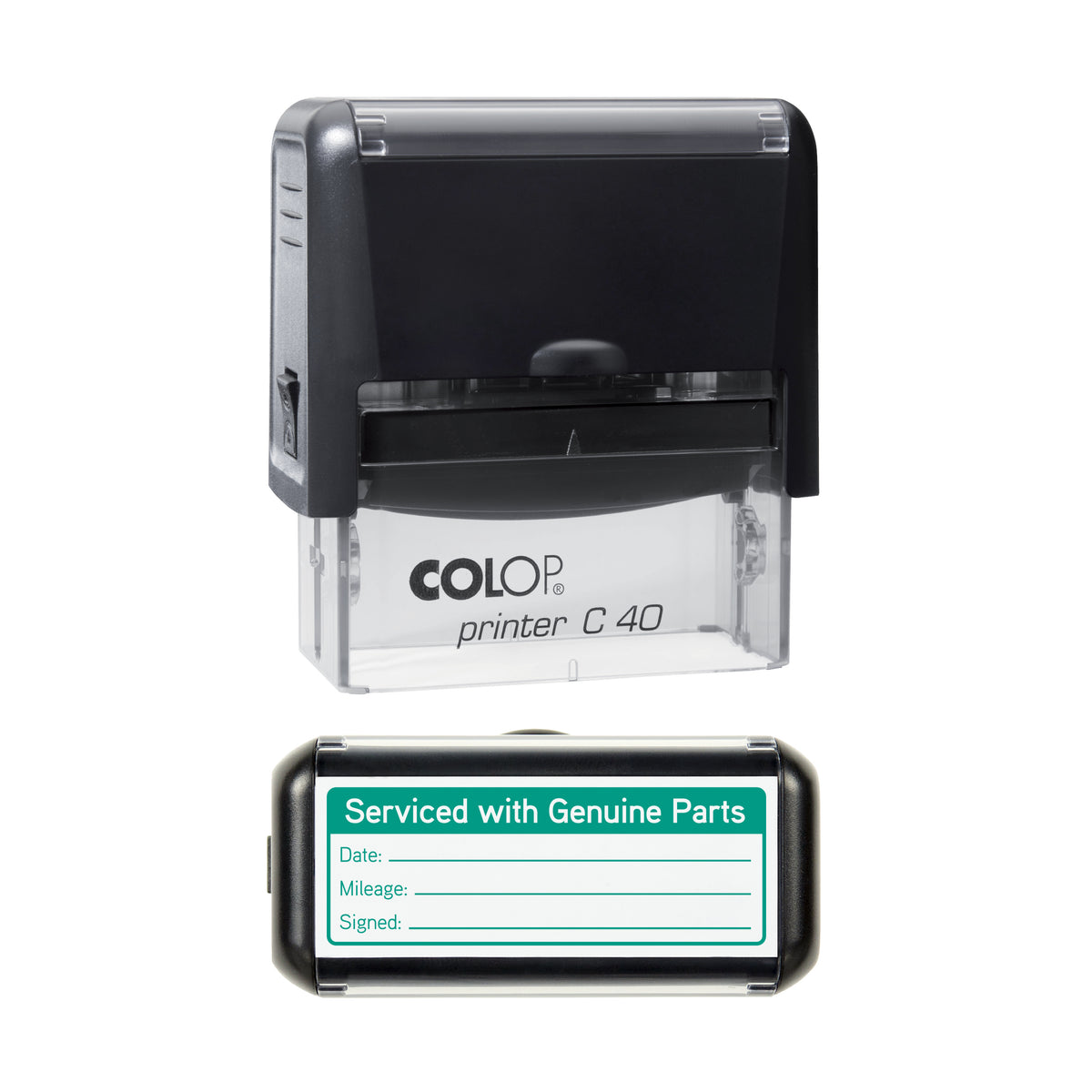 Serviced With Genuine Parts - Self Inking Rubber Stamp - COLOP C40 - 58 × 22 mm Impression — green ink