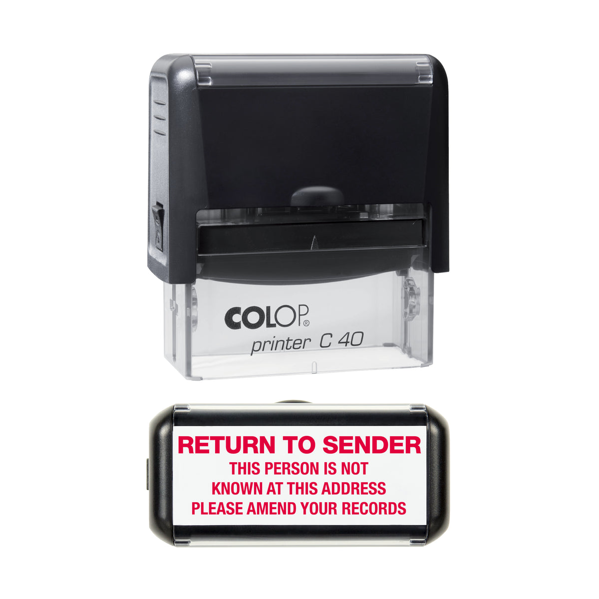 Return To Sender — This Person Is Not Known At This Address - Self Inking Rubber Stamp - COLOP C40 - 58 × 22 mm Impression — red ink