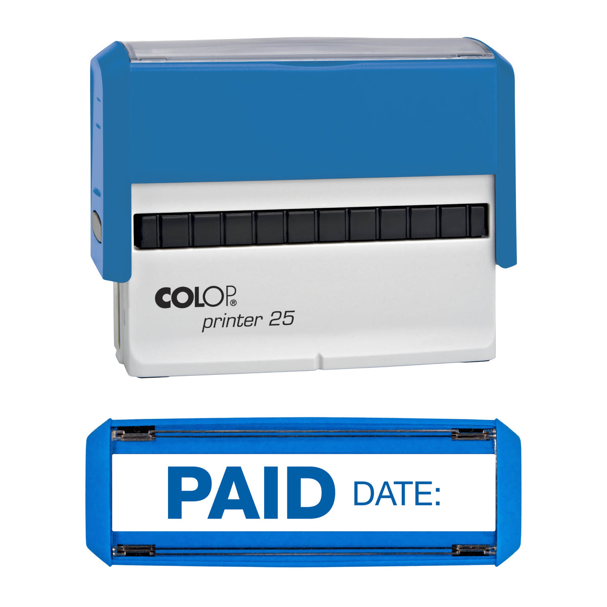 Paid Date: - Rubber Stamp - COLOP P25 - 75mm x 15mm Impression — blue ink