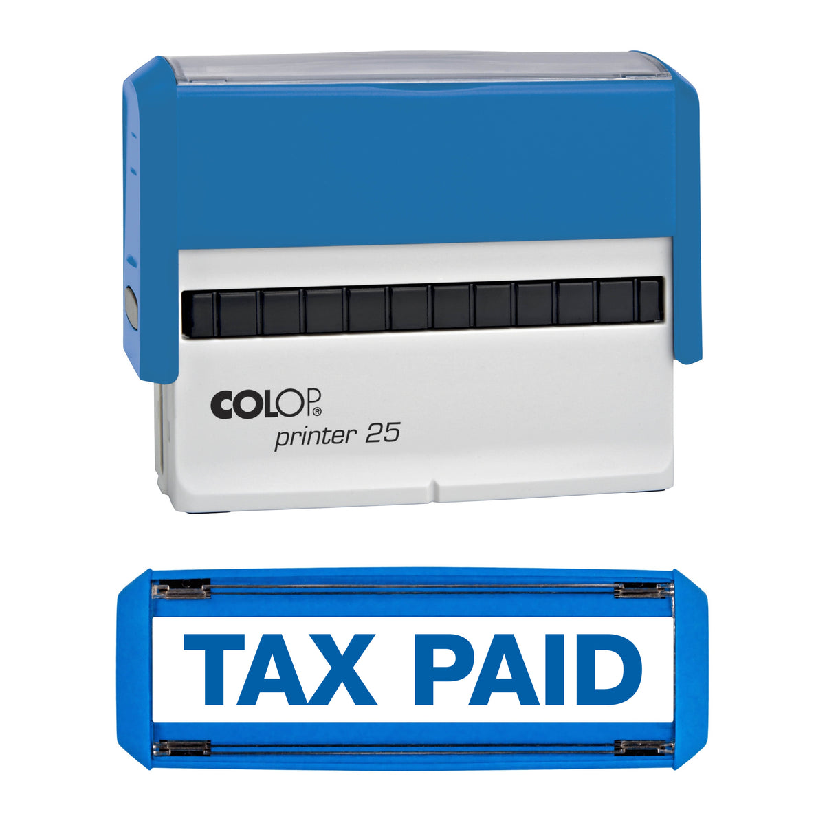 Tax Paid -  Rubber Stamp - COLOP P25 - 75mm x 12mm Impression — blue ink