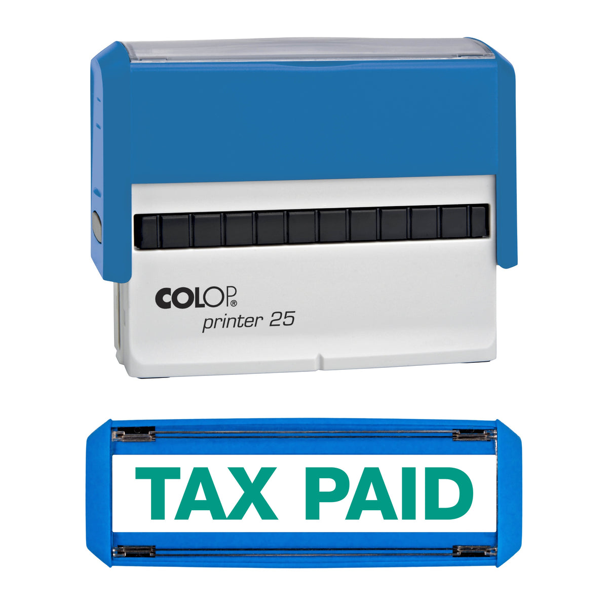 Tax Paid -  Rubber Stamp - COLOP P25 - 75mm x 12mm Impression — green ink