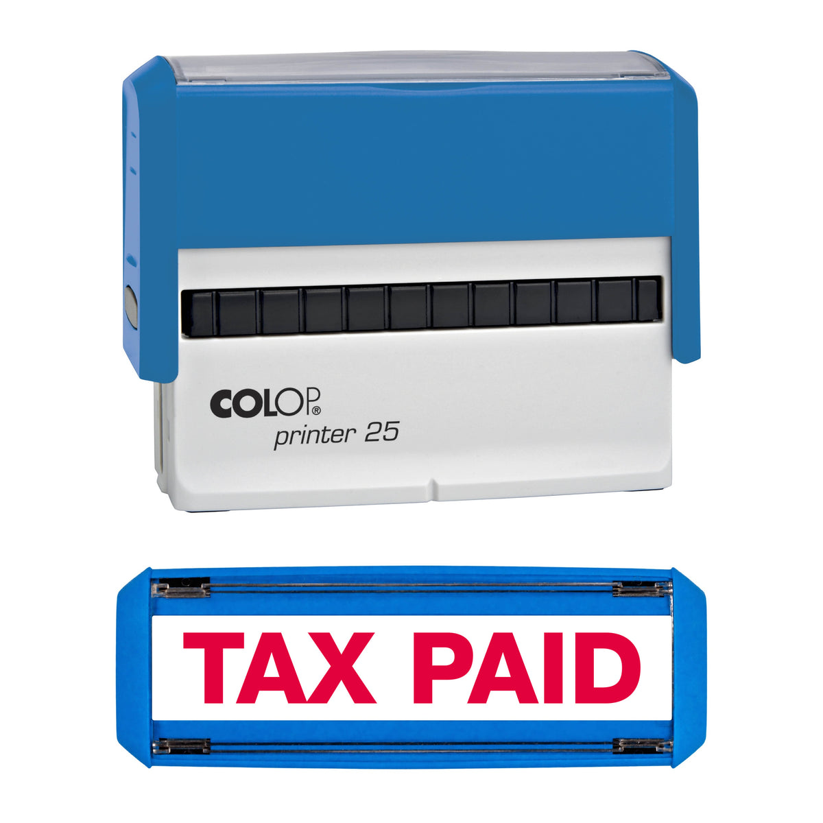 Tax Paid -  Rubber Stamp - COLOP P25 - 75mm x 12mm Impression — red ink