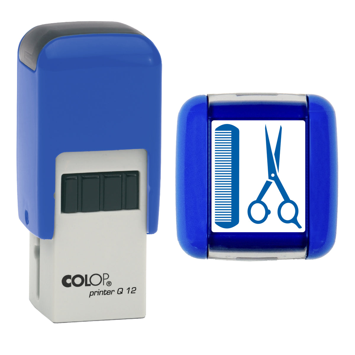 Scissors And Comb - Loyalty Card Self-Inking Stamp - COLOP Q12 - 12 x 12mm - blue ink