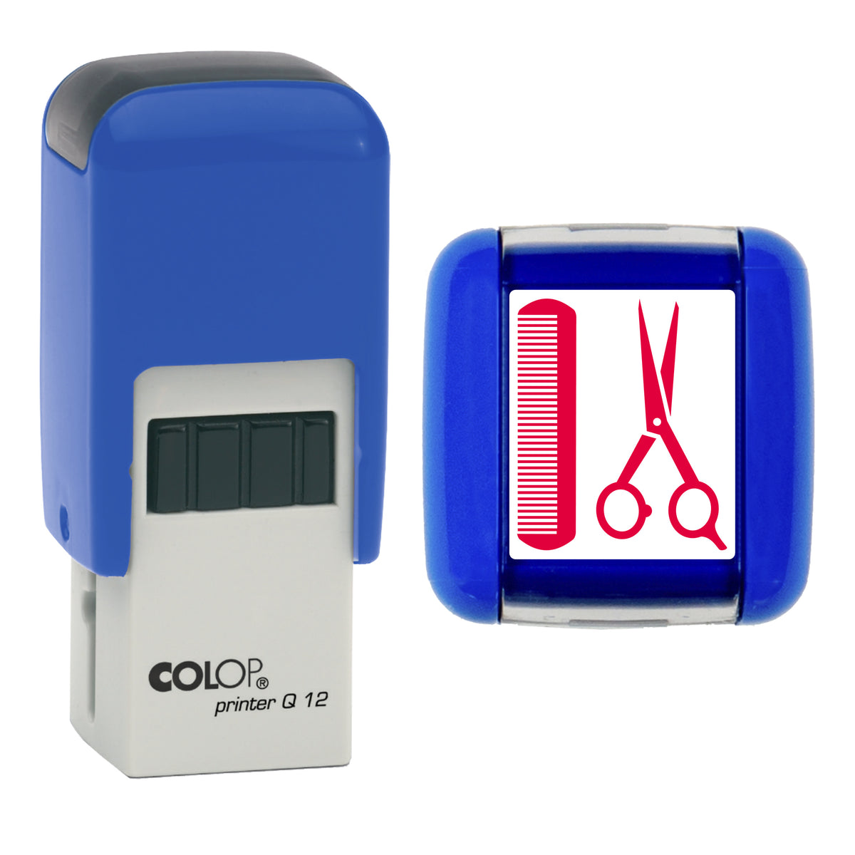Scissors And Comb - Loyalty Card Self-Inking Stamp - COLOP Q12 - 12 x 12mm - red ink