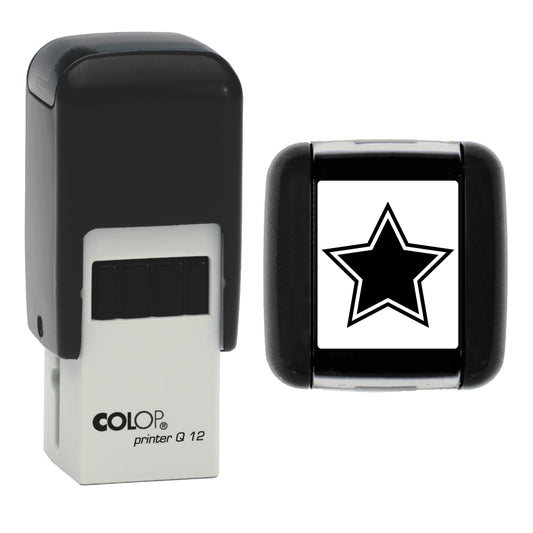 Stamp showing the Double Star Loyalty Card design, 12 x 12mm COLOP Q12 self-inking stamp, black ink