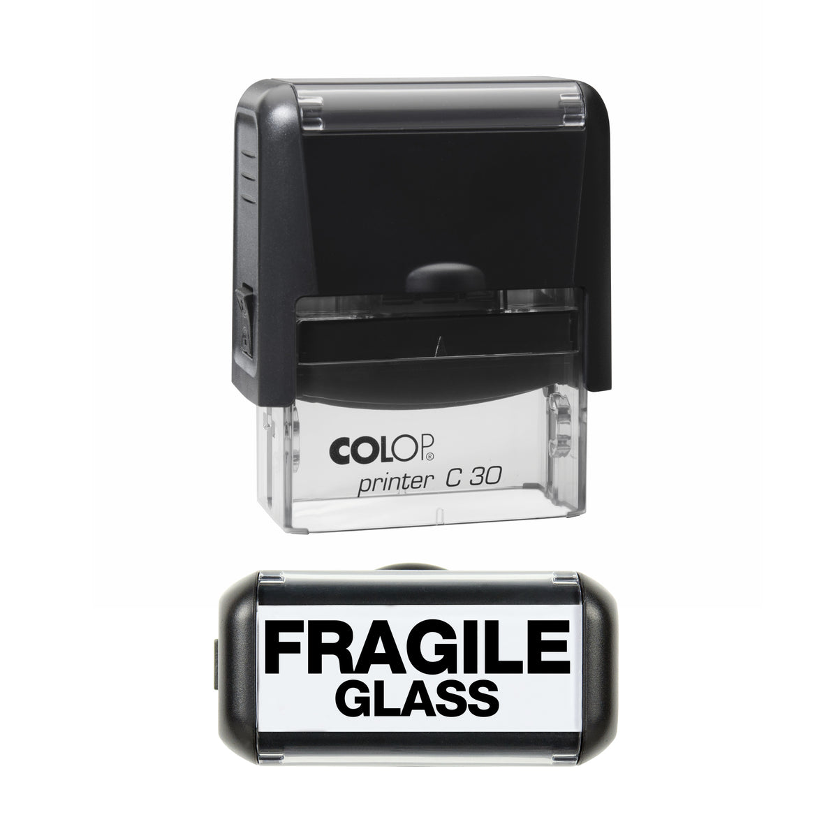 Fragile Glass Rubber Stamp - 45mm x 15mm Impression - black ink - COLOP C30