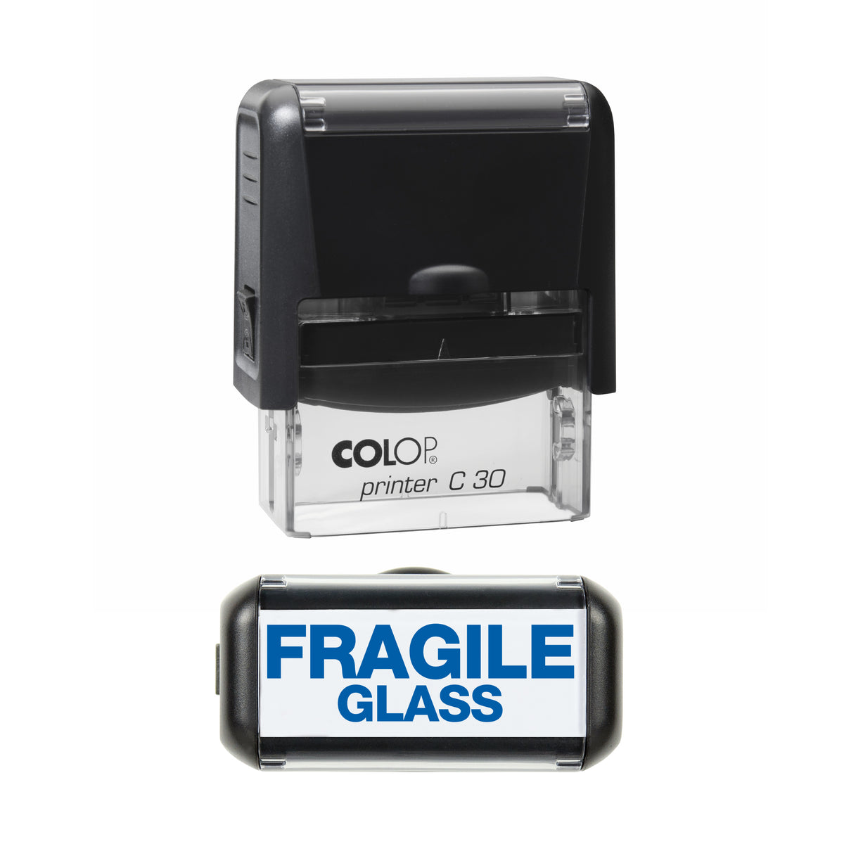 Fragile Glass Rubber Stamp - 45mm x 15mm Impression - blue ink - COLOP C30