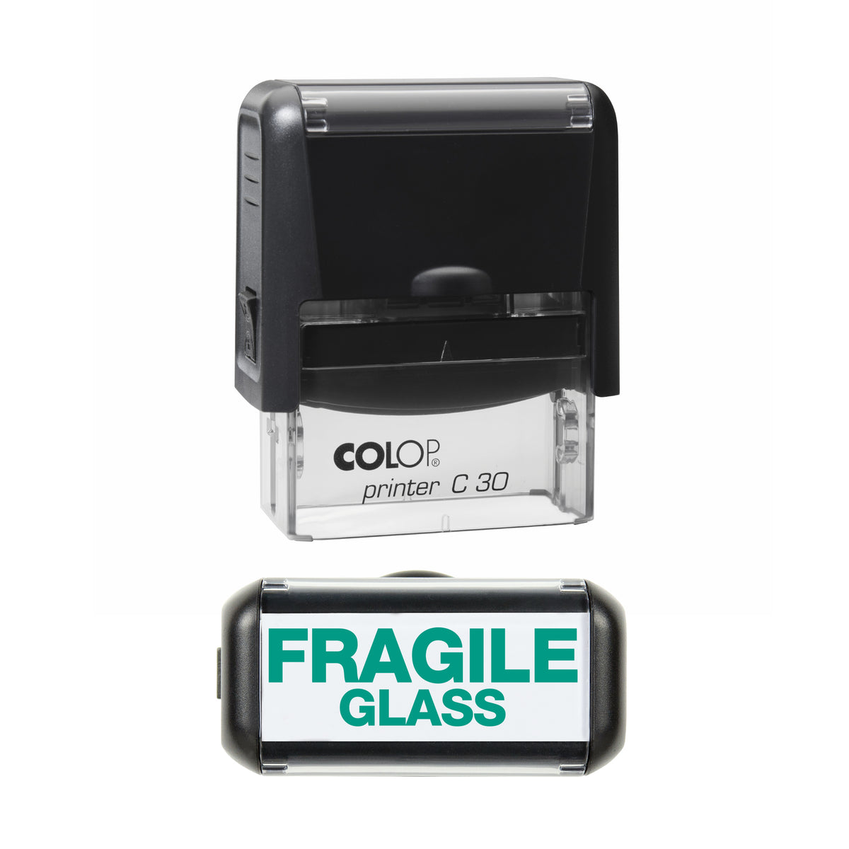 Fragile Glass Rubber Stamp - 45mm x 15mm Impression - green ink - COLOP C30