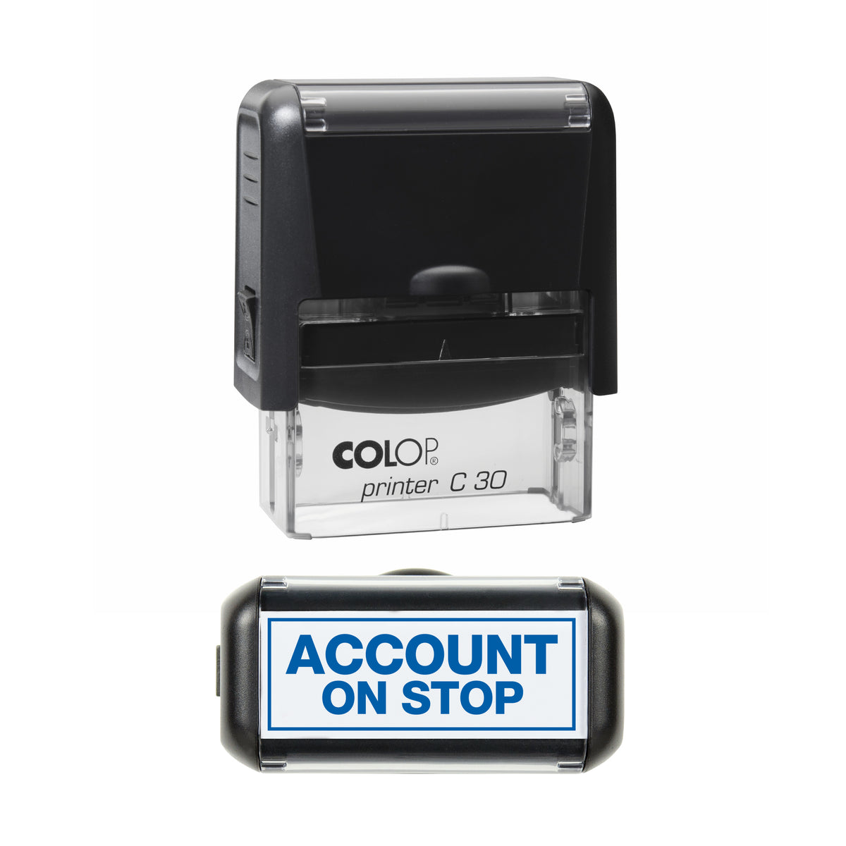 Account On Stop - COLOP C30 45 x 18mm self-inking stamp - Blue ink