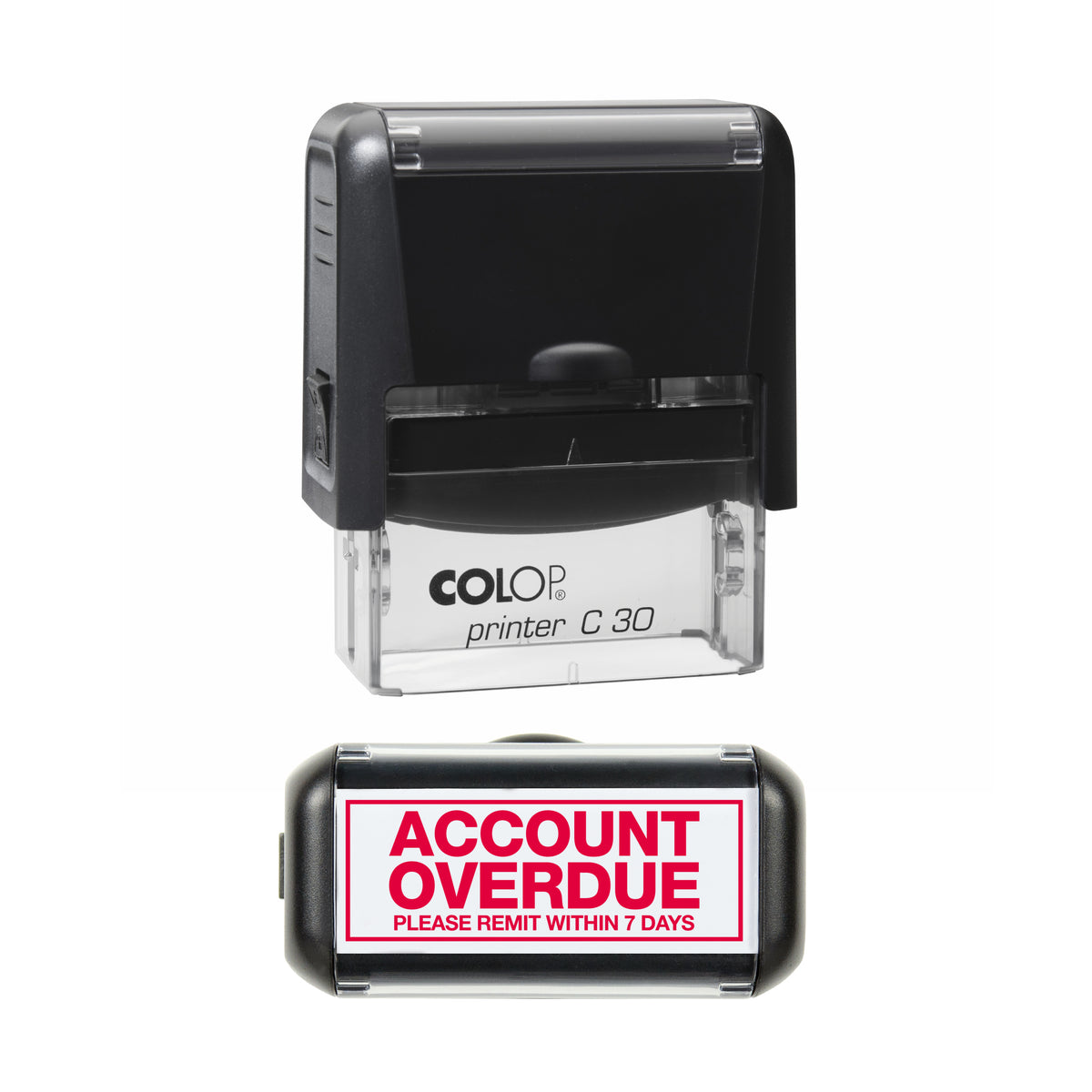Account Overdue With Border - COLOP C30 45 x 18mm self-inking stamp - Red ink